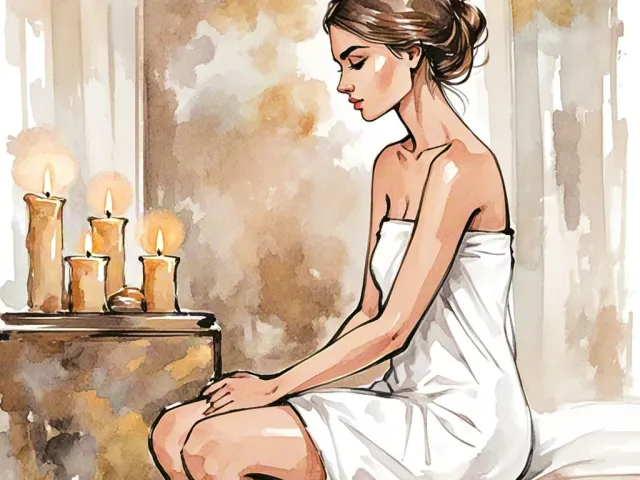Calm watercolor illustration of a woman in a towel sitting near warm candlelight