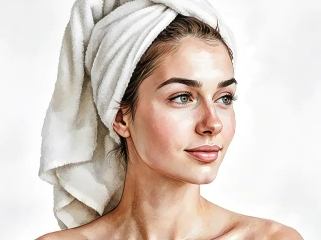 Calm watercolor portrait of a woman with a white towel around her head