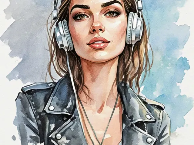 Watercolor portrait of a young woman wearing a leather jacket