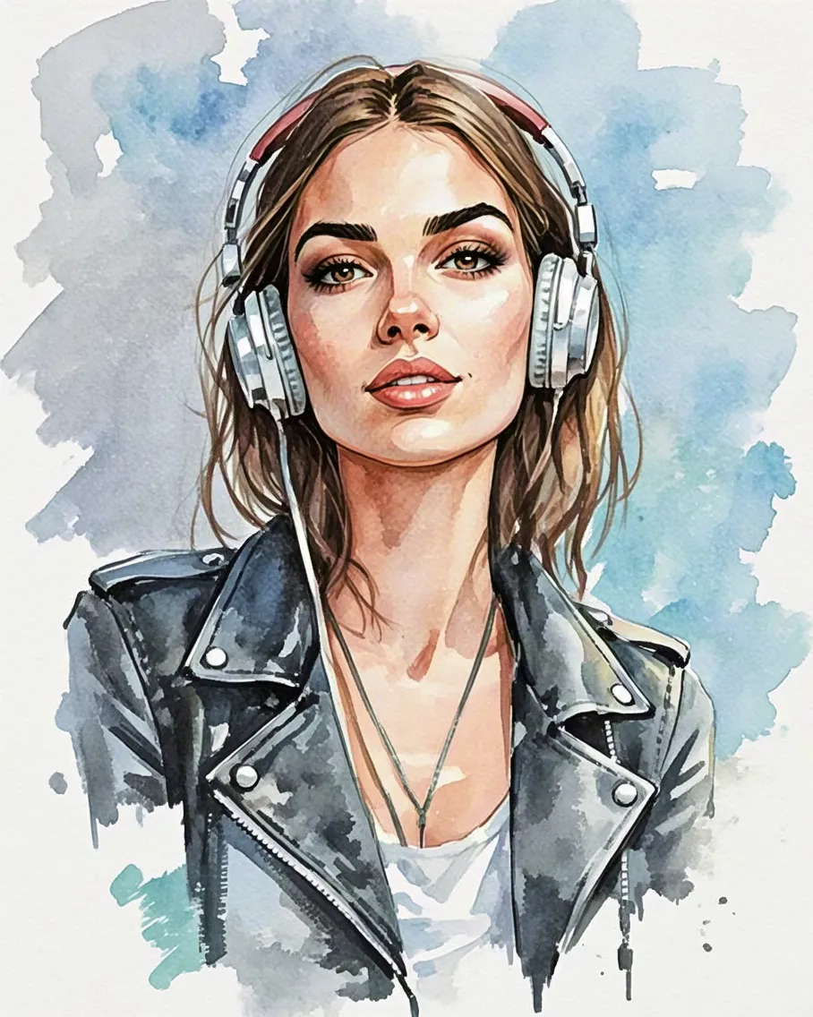 Watercolor portrait of a young woman wearing a leather jacket