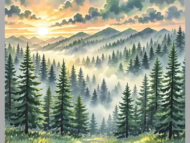 Misty watercolor forest with sunlight breaking through pine trees