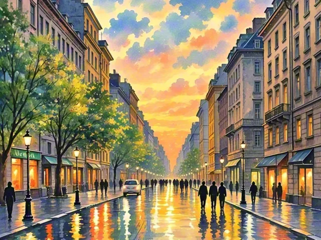 Warm watercolor illustration of a city street with reflections at sunset