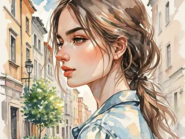 Watercolor portrait of a girl walking through a bright city street