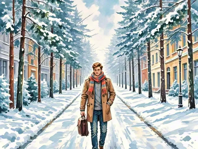 Artistic watercolor of a man walking through a snowy city street lined with trees