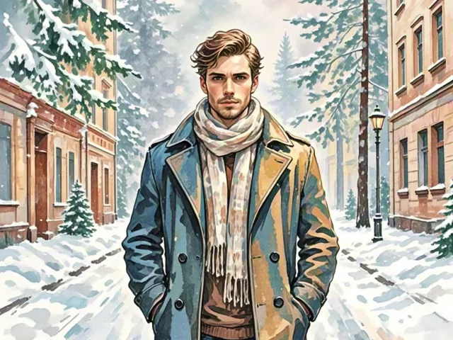 Stylish watercolor illustration of a man in coat standing in a snowy city street