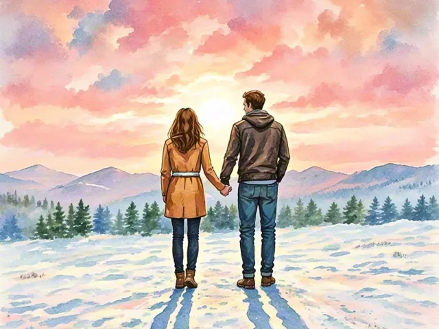 couple walking through snowy pastel landscape painted in soft watercolor style