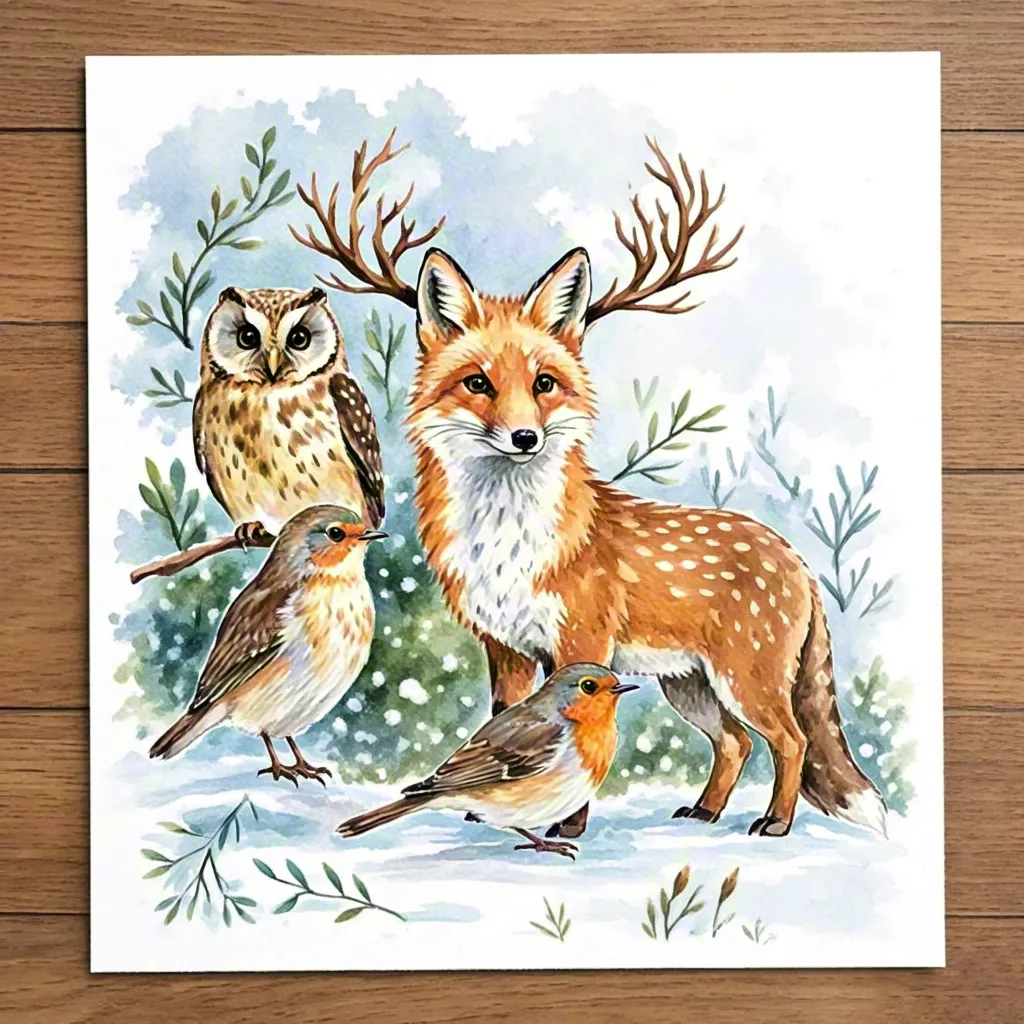 Watercolor woodland animals Christmas illustration