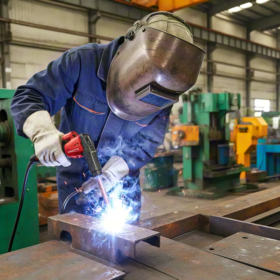 Welder working with protective helmet – metal fabrication sparks in industrial workshop