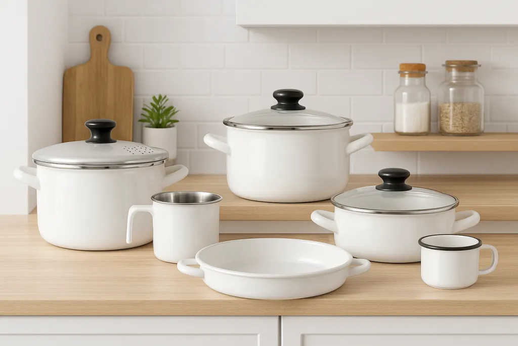 White ceramic cookware set on wooden kitchen counter
