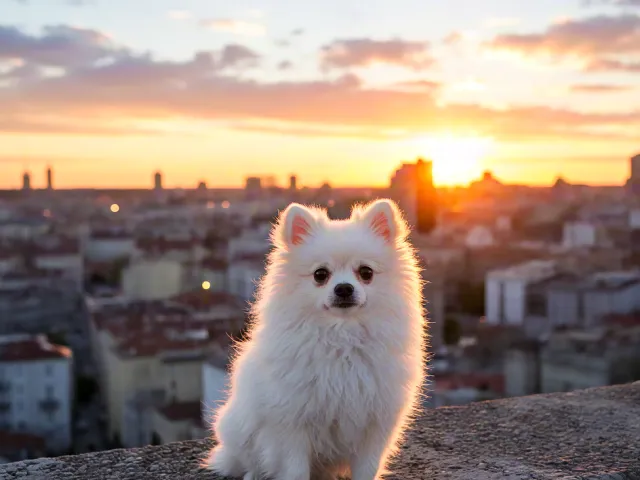Pomeranian dog standing on rooftop edge with warm sunset city skyline behind.