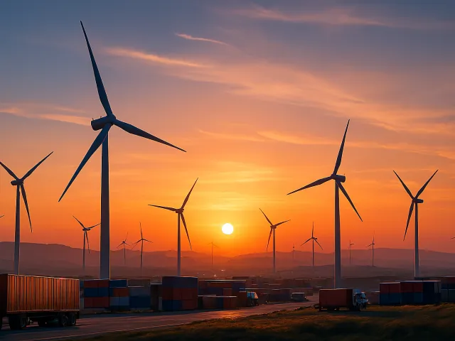 wind turbines spinning at sunset in an open landscape