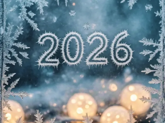 Frosty 2026 typography surrounded by icy snowflake patterns