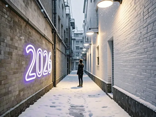 person walking through snowy narrow alley with glowing 2026 wall light