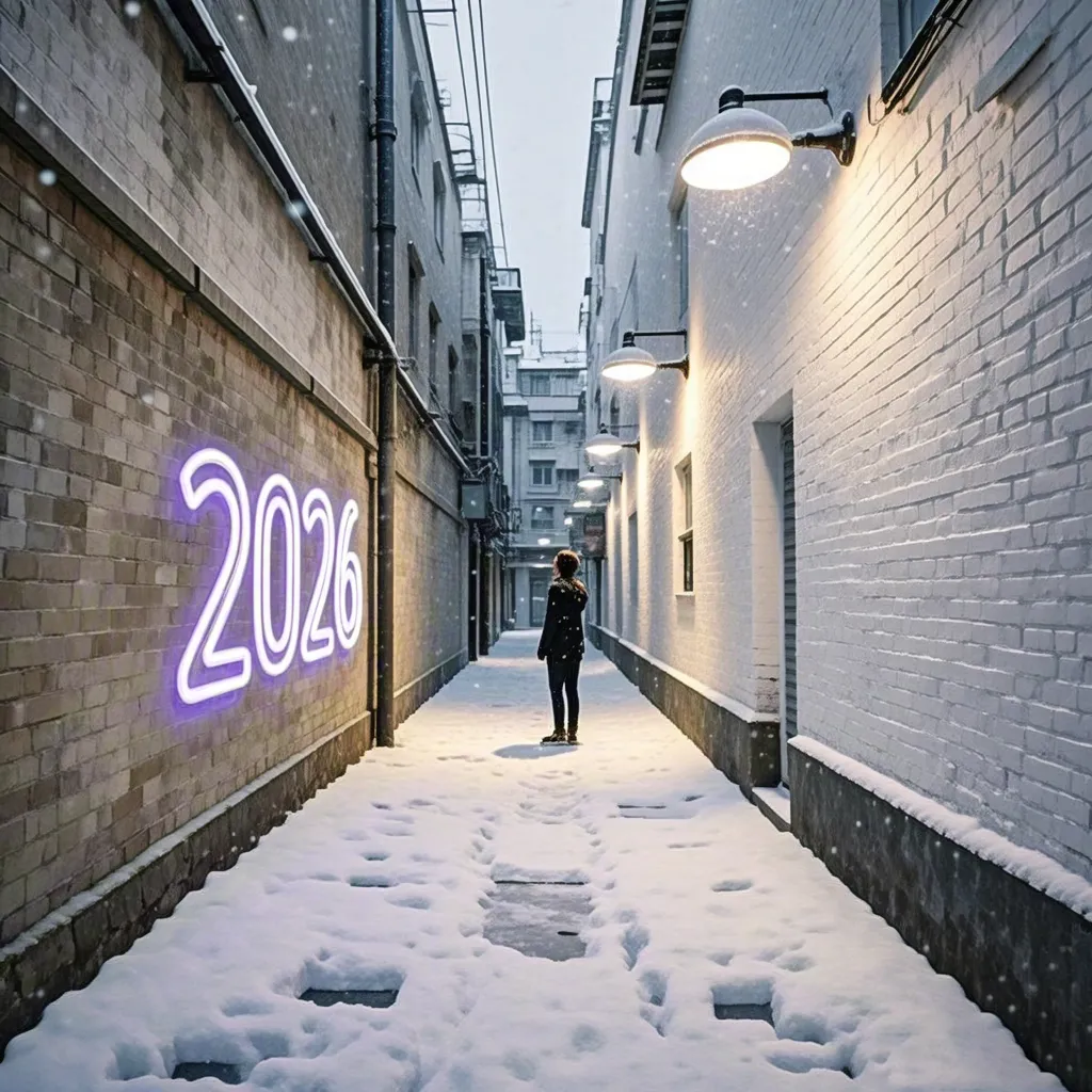 Winter Alley with 2026 Neon Sign
