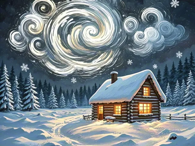 cozy wooden cabin in snowy forest with dramatic swirling night clouds