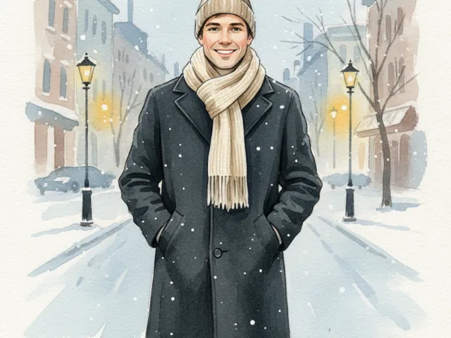 young man in coat and scarf standing in snowy illustrated city street