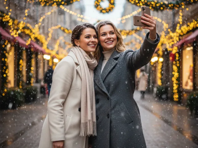 two women taking selfie in decorated christmas street with warm lights
