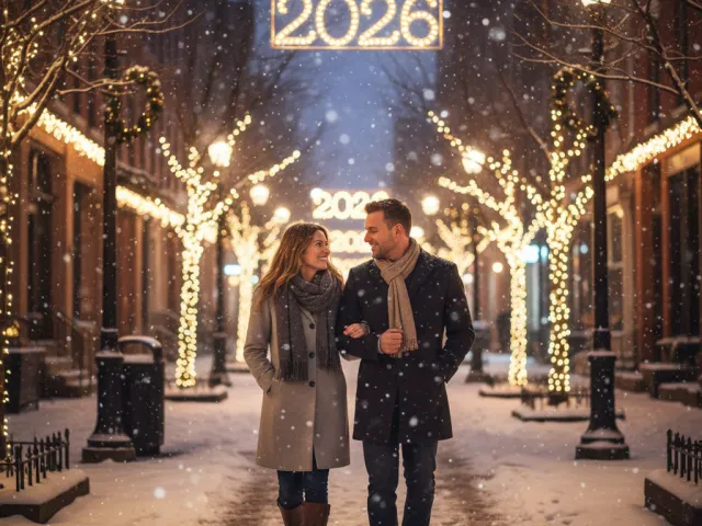 couple walking through snowy decorated street with glowing 2026 lights above