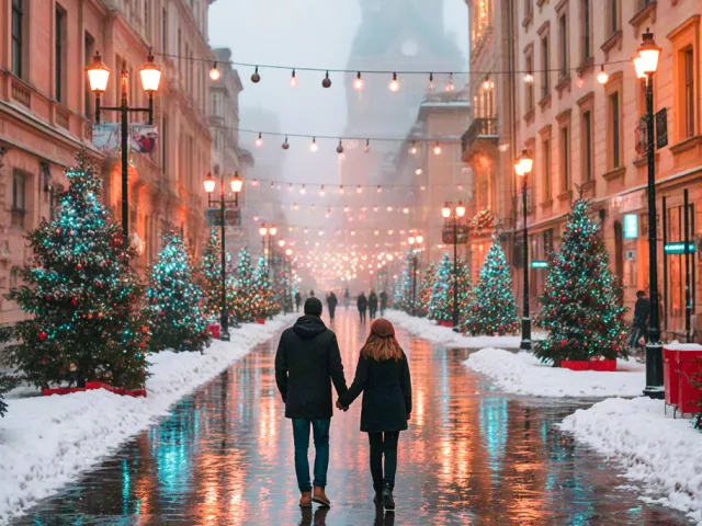 couple walking down snowy decorated city street with reflections on wet pavement
