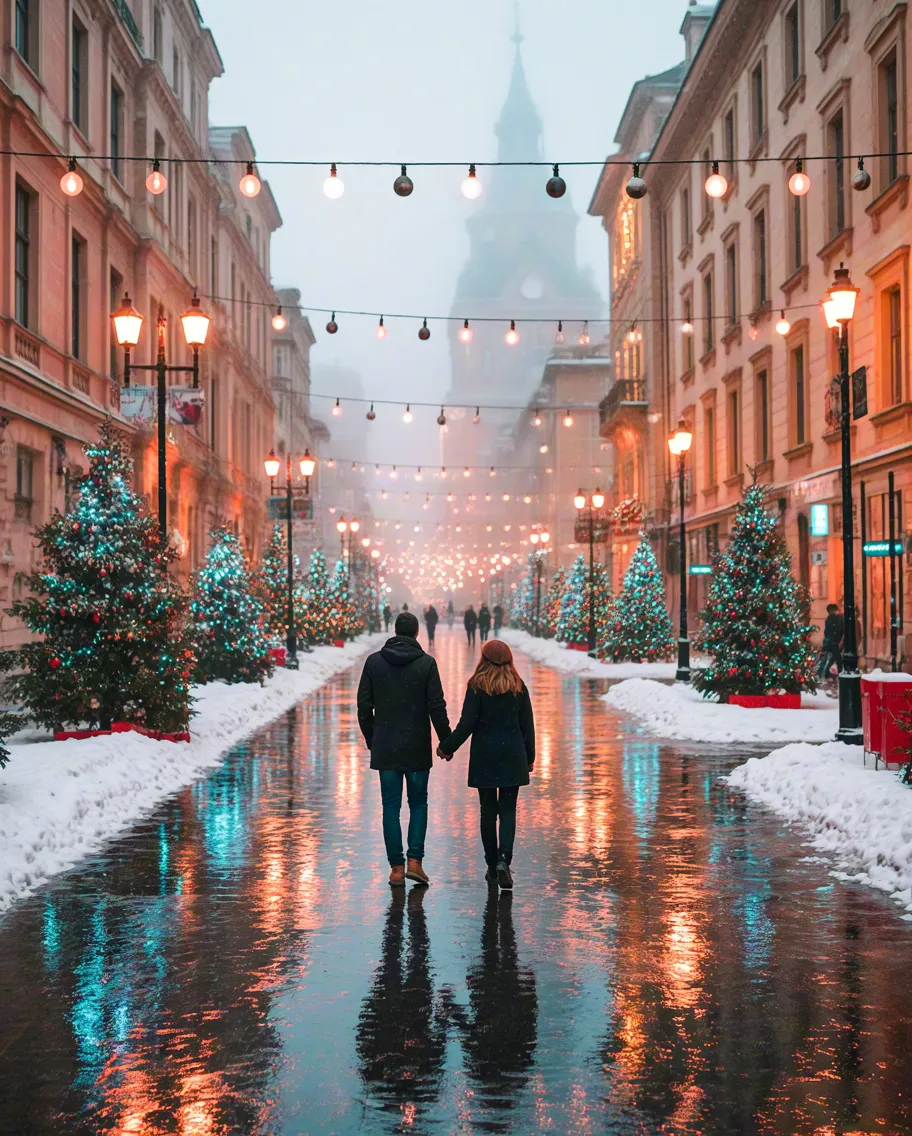 couple walking down snowy decorated city street with reflections on wet pavement