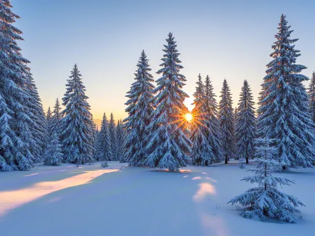 Snowy pine trees lit by morning sun