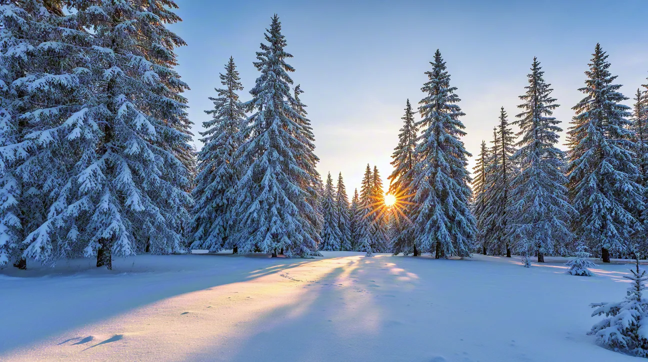 Snow-covered pine trees in a winter forest with soft sunlight breaking through, peaceful seasonal landscape in natural l