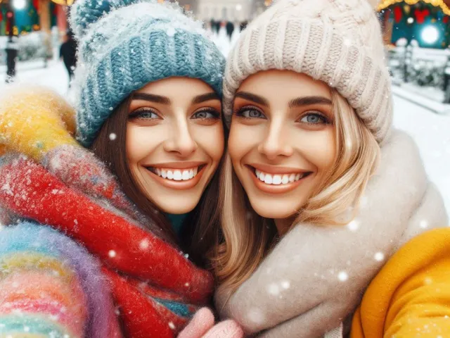 Two smiling friends taking a selfie in colorful winter clothes at a festive market
