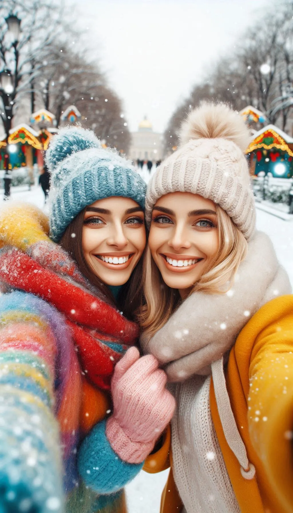 Two smiling friends taking a selfie in colorful winter clothes at a festive market
