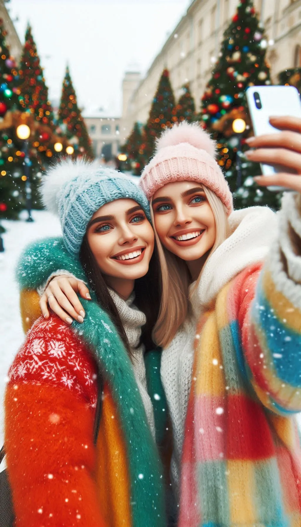 Two smiling girls in winter clothes taking a selfie at holiday market