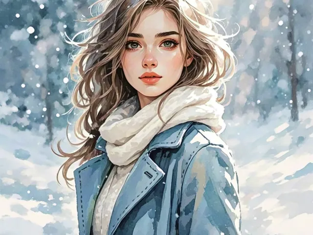 Stylish woman in winter clothes illustrated in snowy scene
