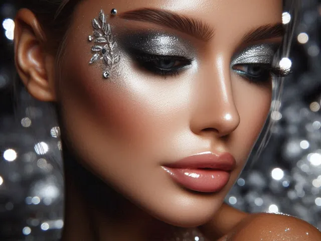 woman with shimmering silver holiday makeup and frosty visual effects