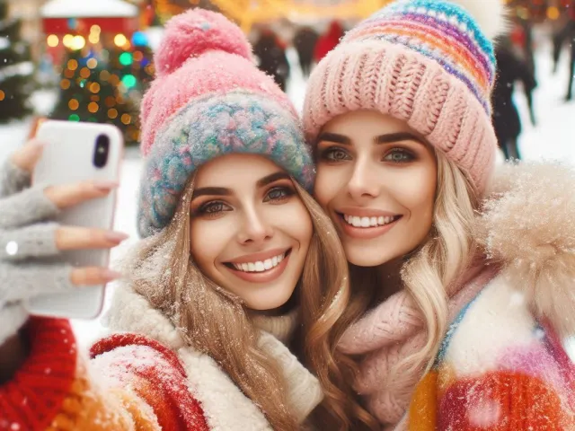 wo smiling Twins Girls in colorful winter clothes taking selfie at decorated street