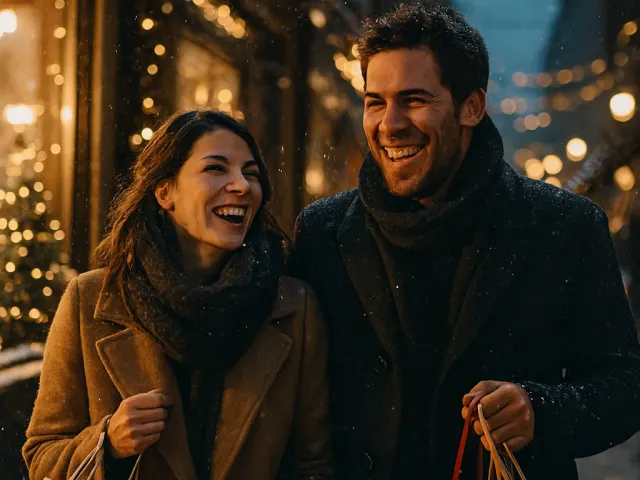 couple walking together through cozy winter street with christmas lights