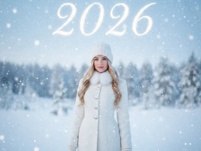 young woman in white coat standing in snowy field with glowing 2026 text