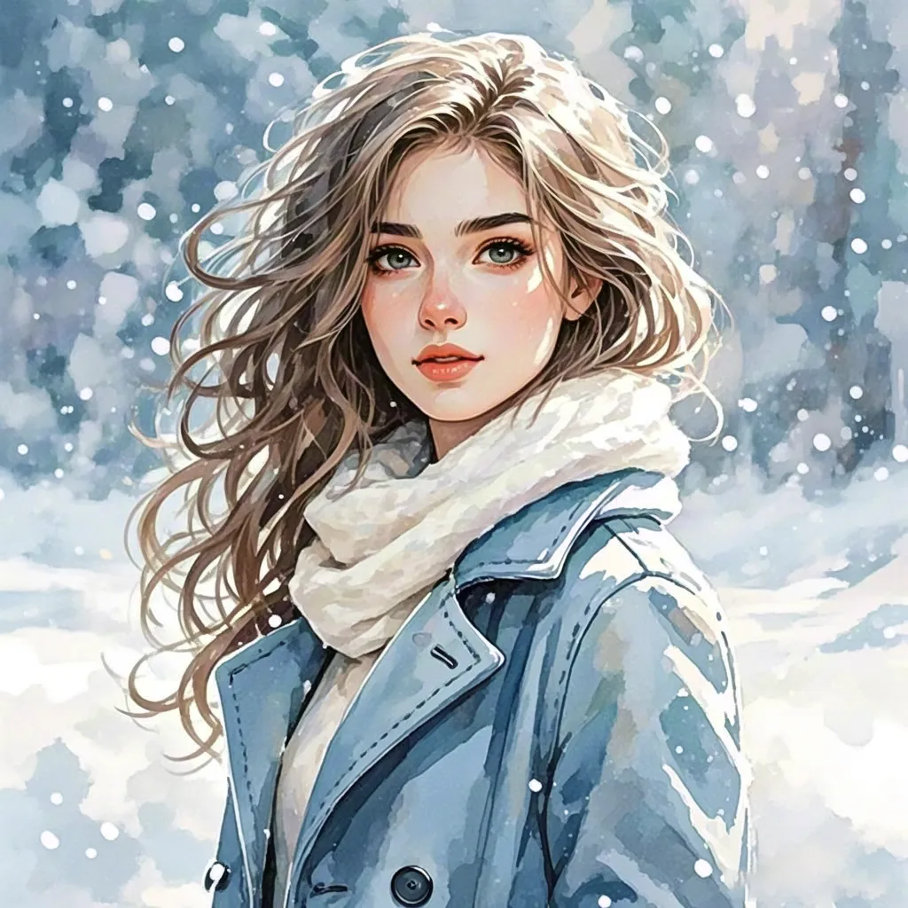 Winter portrait of girl with scarf in snowy landscape