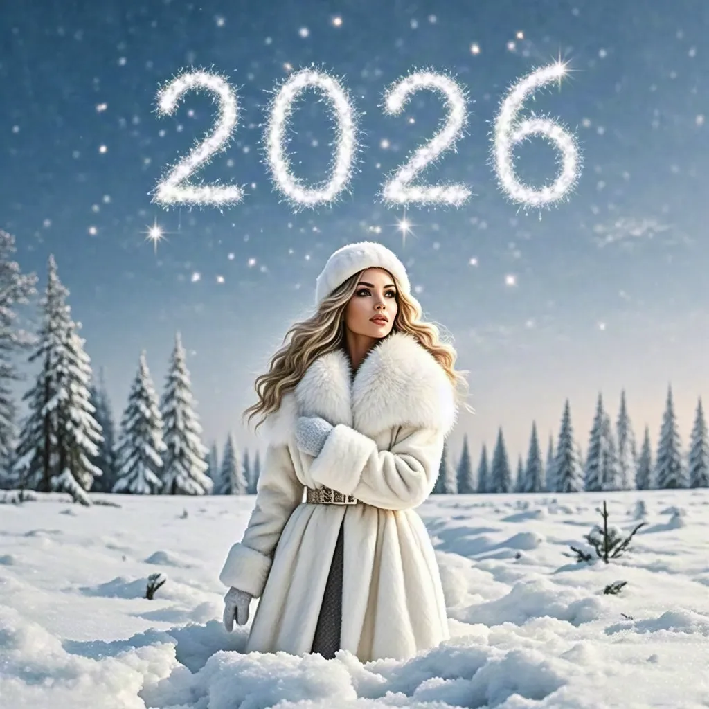 Winter portrait of woman under glowing 2026 sky