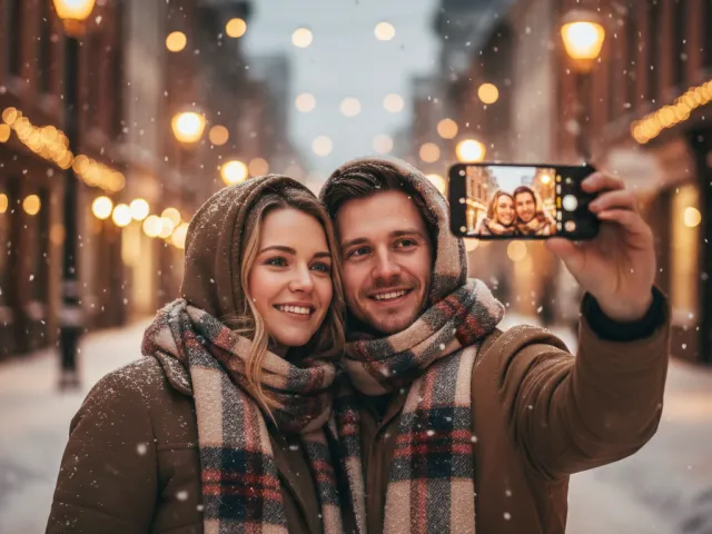 couple taking selfie in cozy winter street decorated with warm holiday lights