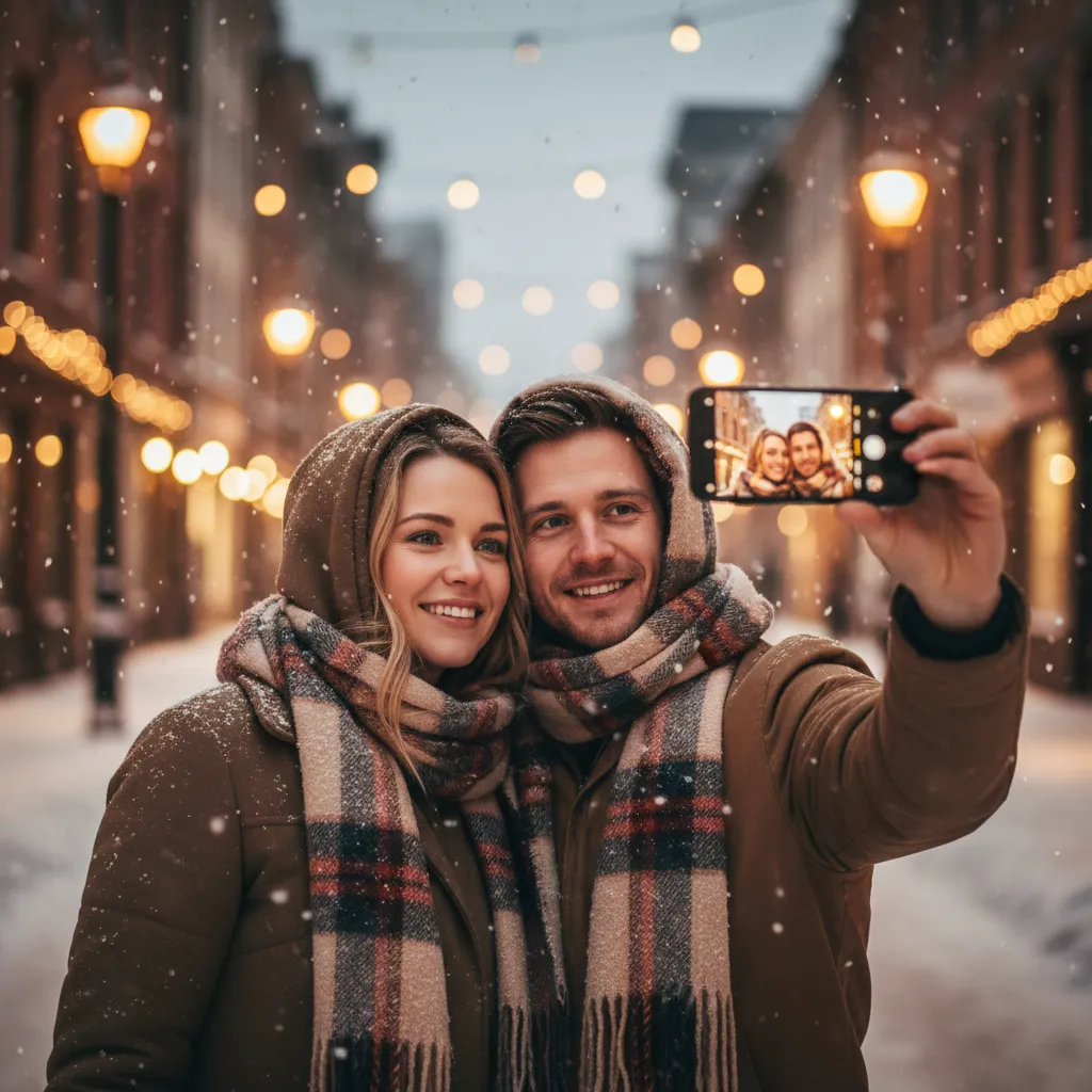 Winter Selfie Couple Christmas Lights