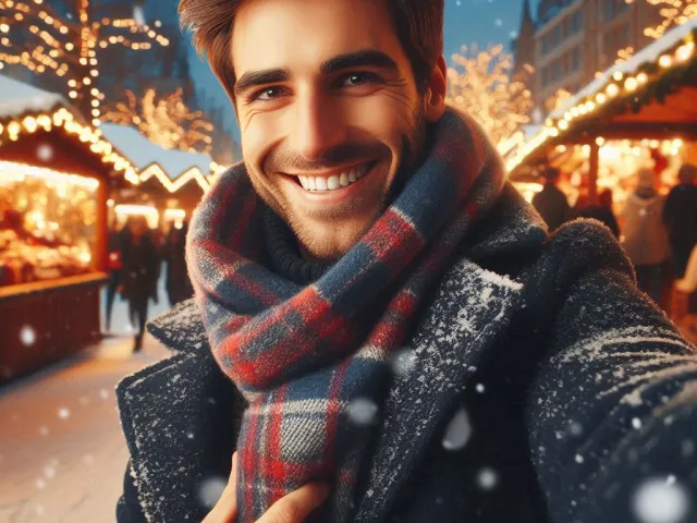 smiling man standing in snowy street with warm christmas market lights
