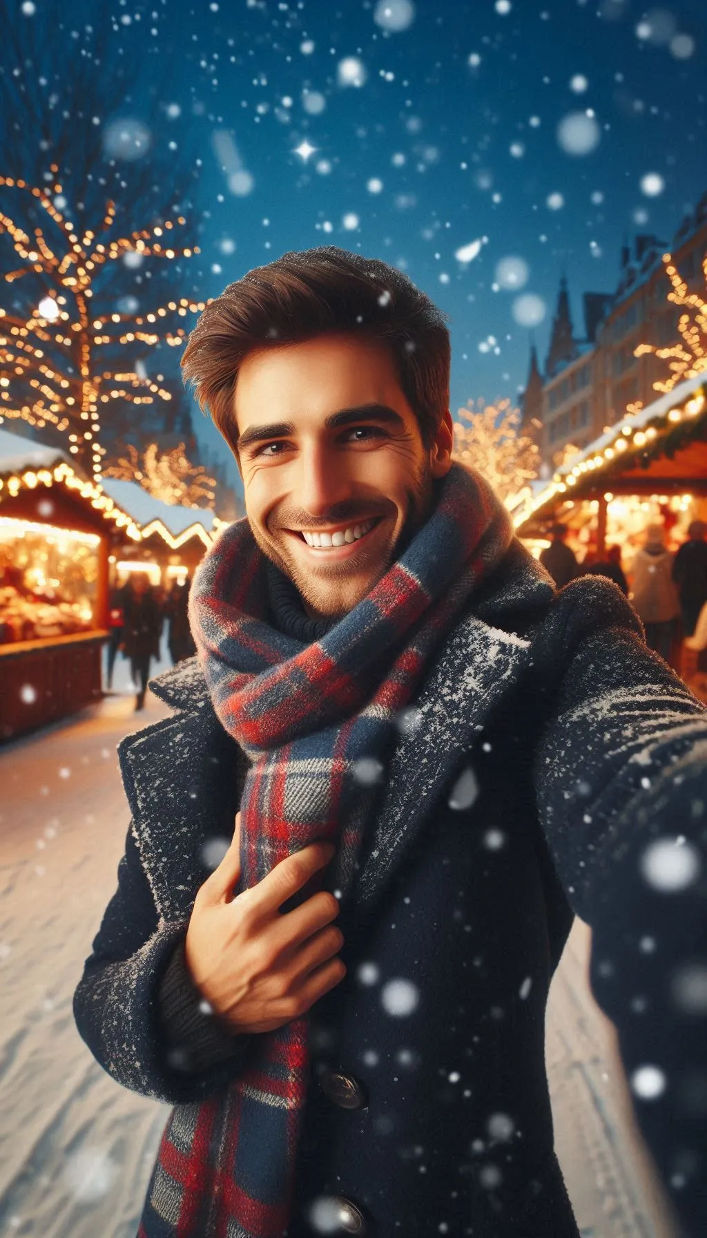smiling man standing in snowy street with warm christmas market lights