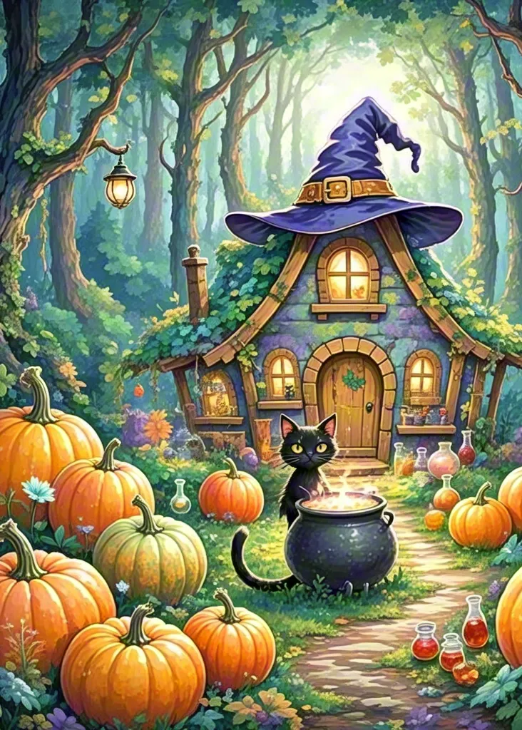 Witch’s cottage in magical pumpkin forest