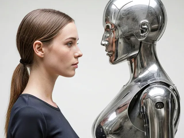 Female subject standing opposite metallic android