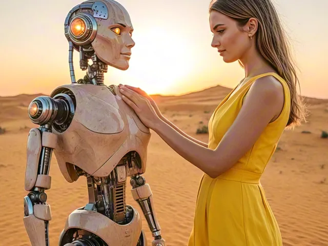 Woman touching humanoid robot in sandy desert