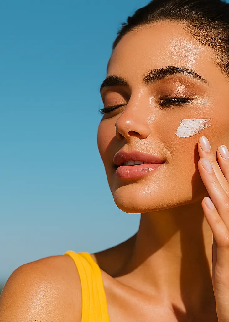 Woman applying skincare cream on face with blue background