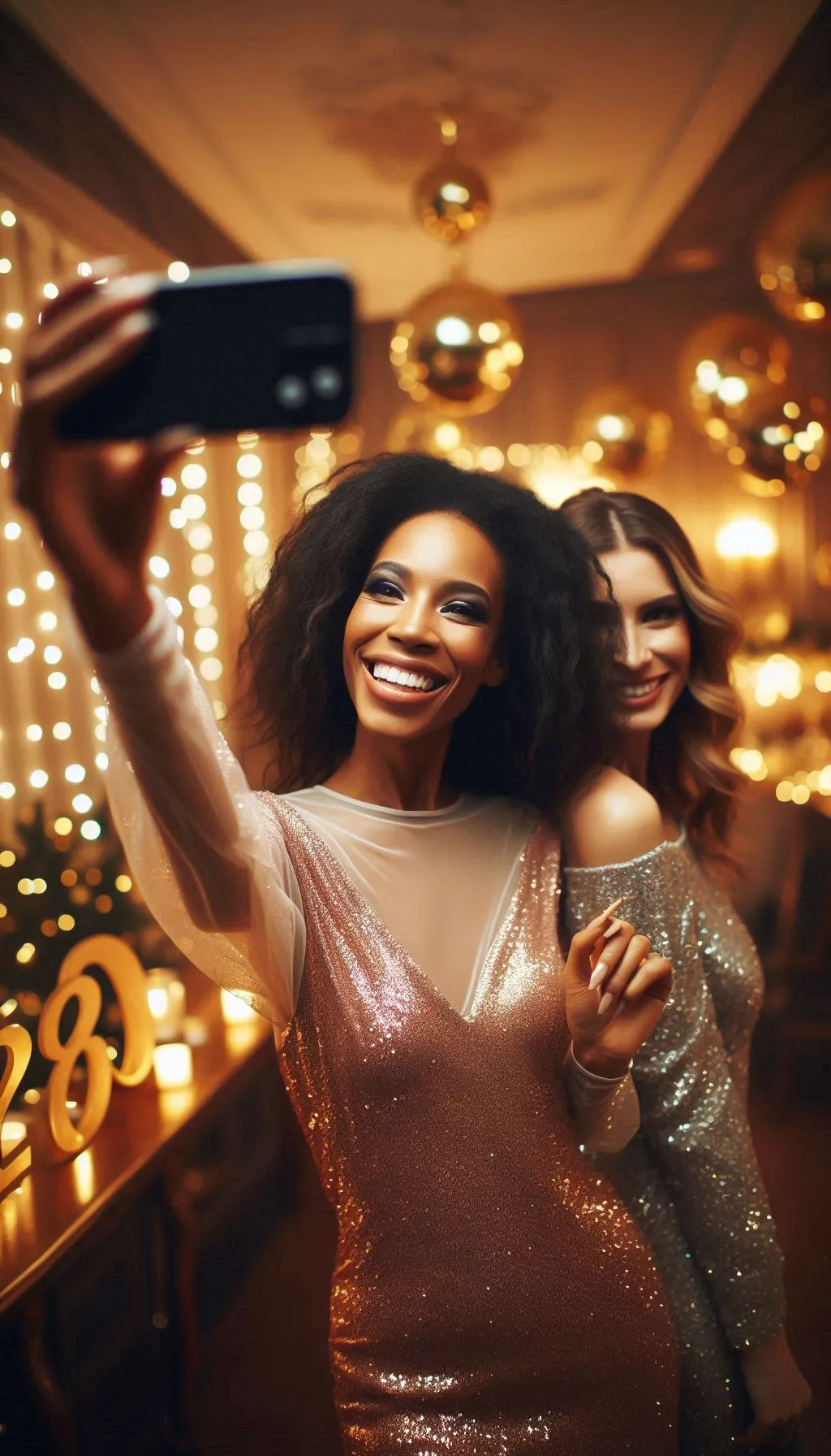 Stylish woman holding a sparkler in a glamorous holiday party setting
