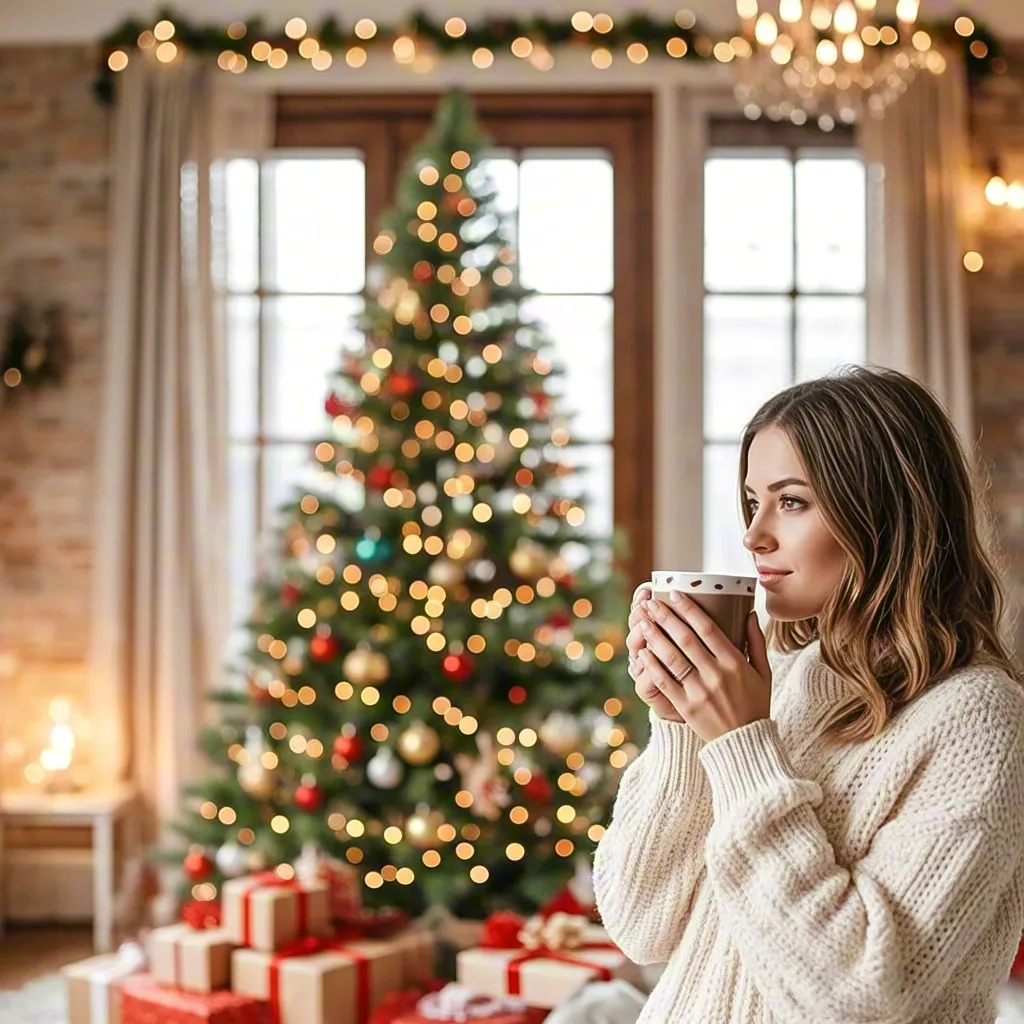 Woman Drinking Coffee by Christmas Tree