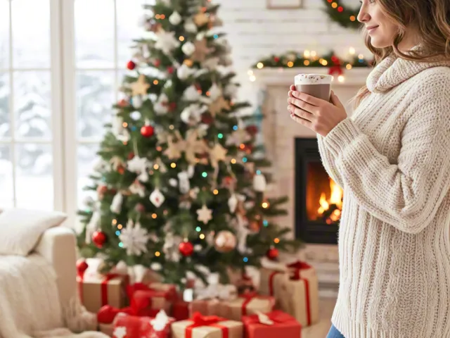 Cozy indoor scene of a woman holding a cup beside decorated Christmas tree