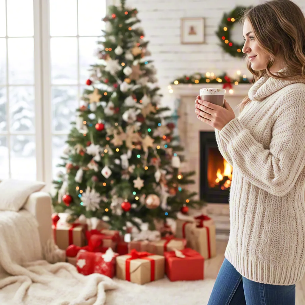 Woman Drinking Coffee by Christmas Tree