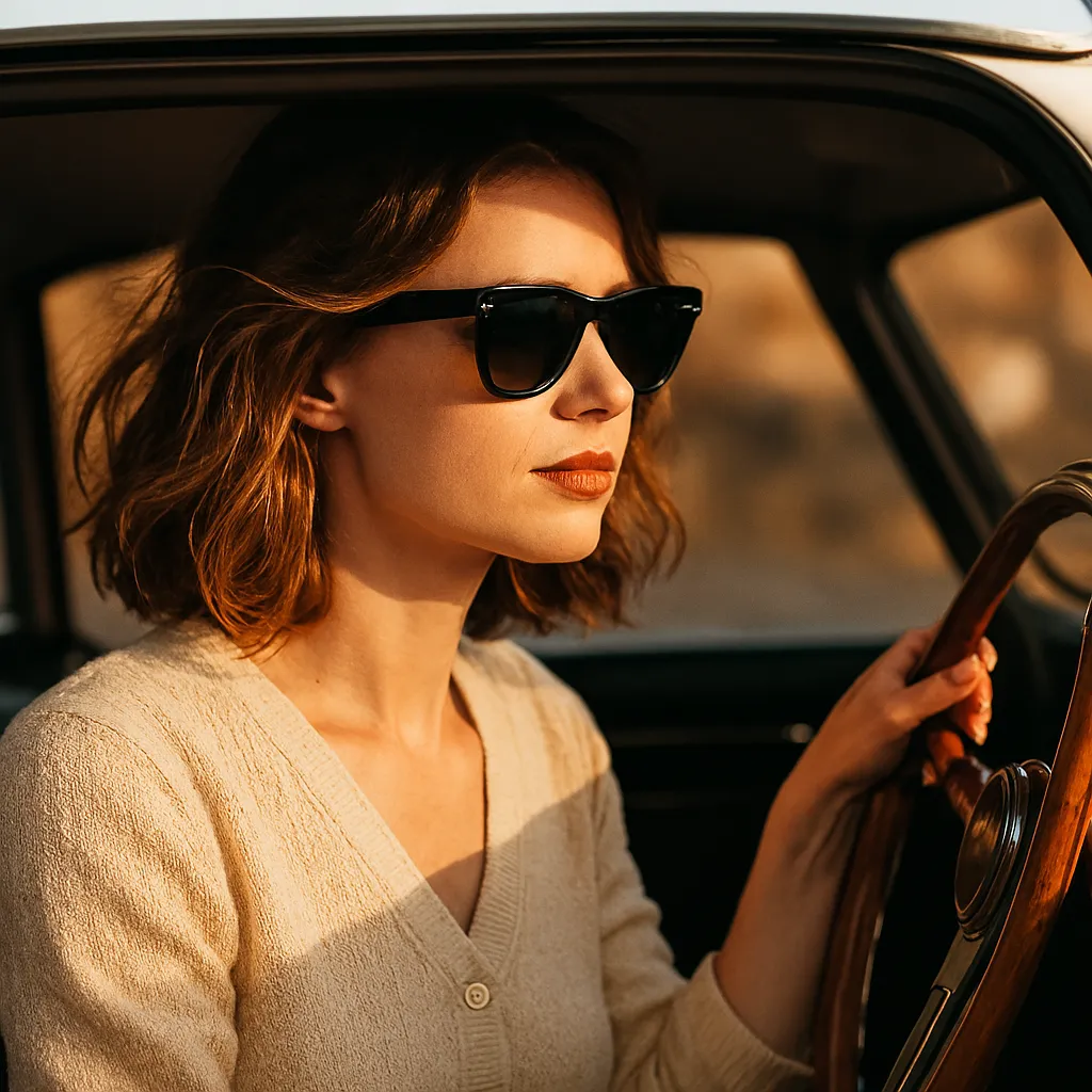 Woman driving classic car