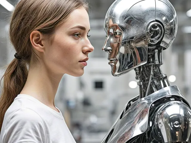 Human and robot looking at each other closely